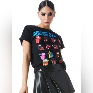 ALICE+Olivia Rolling Stones Short Sleeve Graphic Tee with Multicolor Tongues